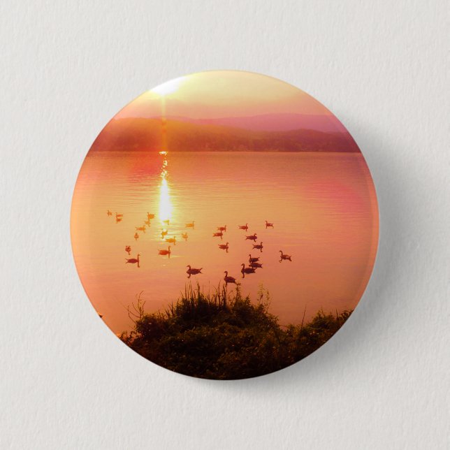 Pink and peach lake sunset 2 inch round button (Front)