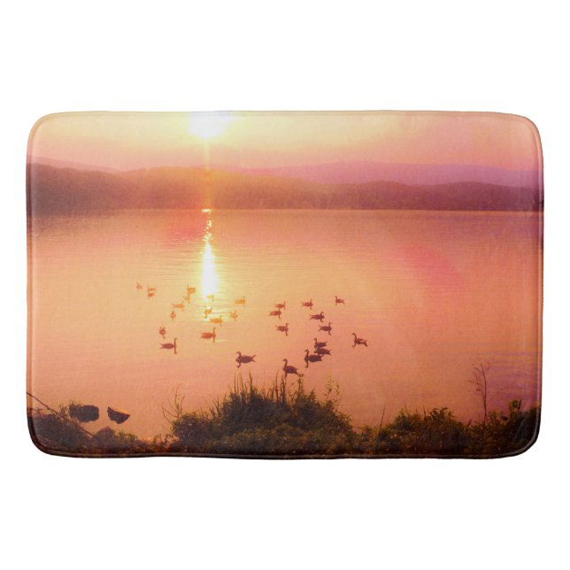 Pink and peach lake sunset bath mat (Front)