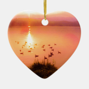 Pink and peach lake sunset ceramic ornament