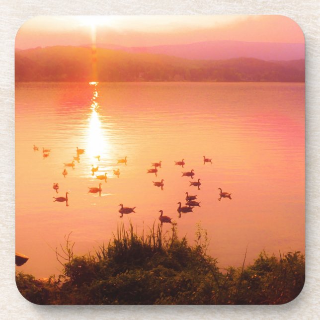 Pink and peach lake sunset coaster (Front)