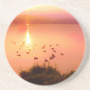 Pink and peach lake sunset coaster