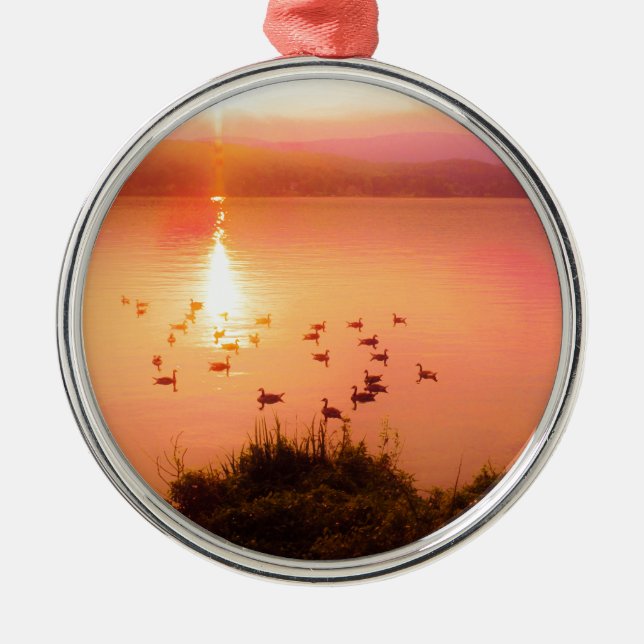 Pink and peach lake sunset metal ornament (Front)