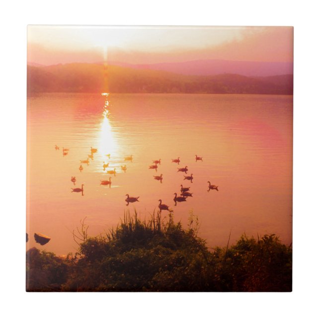 Pink and peach lake sunset tile (Front)