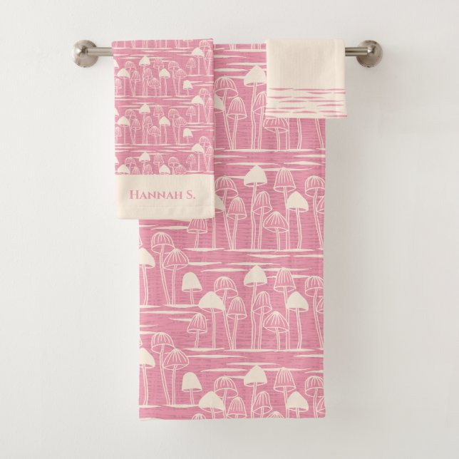 Pink and peach Retro Wild Mushrooms Forest towels  (Insitu)