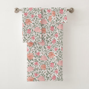 Pink and Peach Rose Garden Print Bath Towels