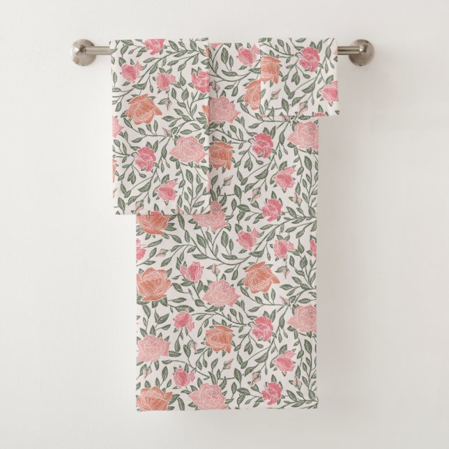 Pink and Peach Rose Garden Print Bath Towels (Insitu)