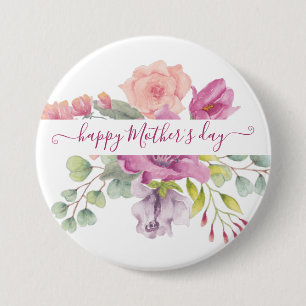 Pink and peach watercolor floral personalized 3 inch round button