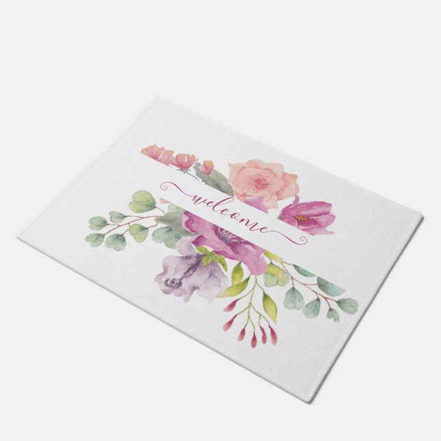 Pink and peach watercolor floral personalized  doormat (Angled)