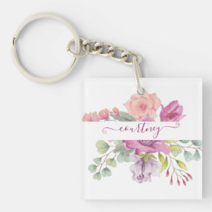 Pink and peach watercolor floral personalized keychain