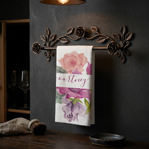 Pink and peach watercolor floral personalized kitchen towel