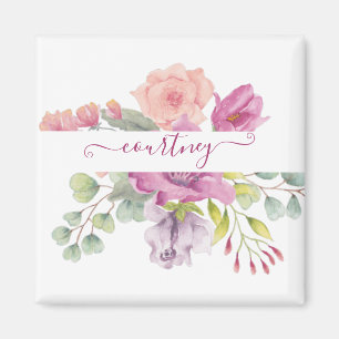 Pink and peach watercolor floral personalized magnet