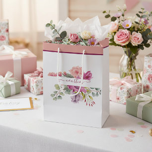 Pink and peach watercolor floral personalized   medium gift bag