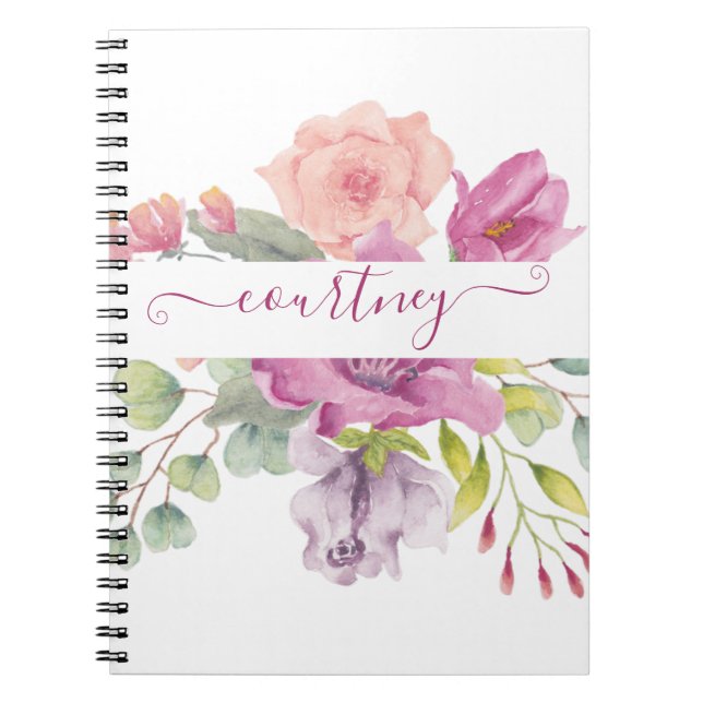 Pink and peach watercolor floral personalized notebook (Front)