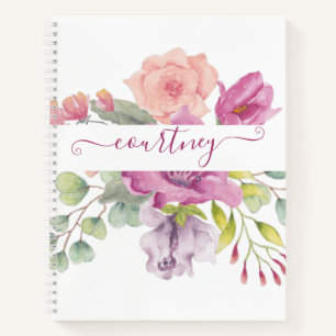 Pink and peach watercolor floral personalized  notebook