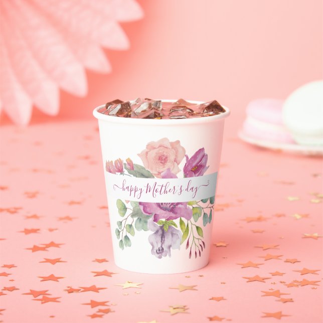 Pink and peach watercolor floral personalized   paper cups (Insitu)