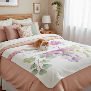 Pink and peach watercolor floral personalized sherpa blanket