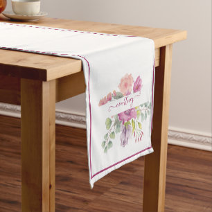 Pink and peach watercolor floral personalized  sho short table runner
