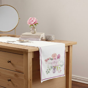 Pink and peach watercolor floral personalized sho short table runner