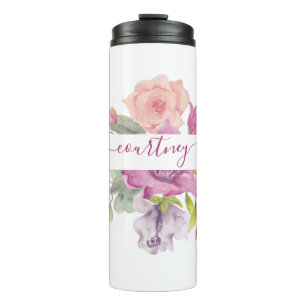 Pink and peach watercolor floral personalized thermal tumbler