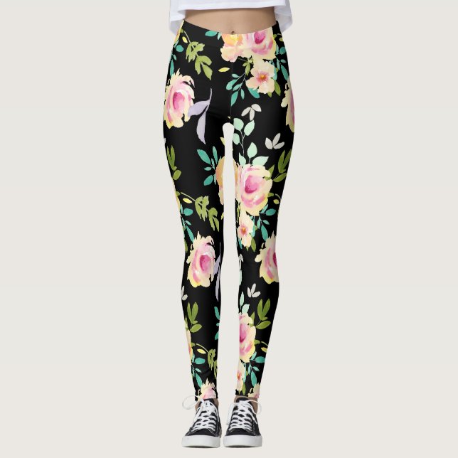 Pink and Peach Watercolor Flowers Leggings (Front)