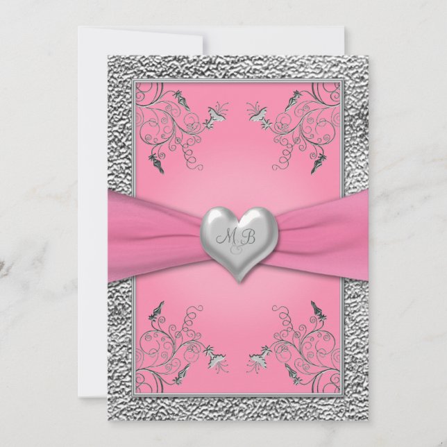 Pink and Pewter Heart Monogrammed Invitation (Front)
