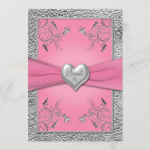 Pink and Pewter Heart Sweet Sixteen Invitation
