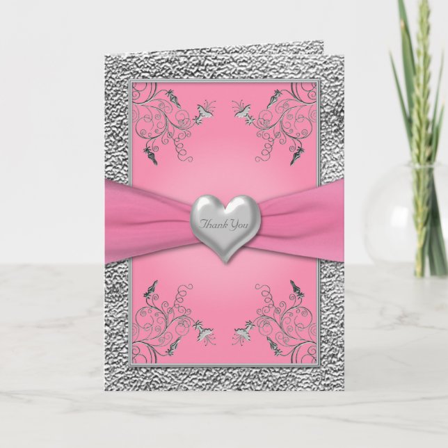 Pink and Pewter Heart Thank You Card (Front)