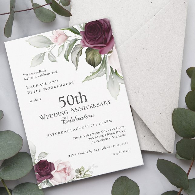 Pink and Plum Botanical Charm 50th Anniversary Invitation (A romantic elegant choice in 50th Wedding Anniversary Invitations.)