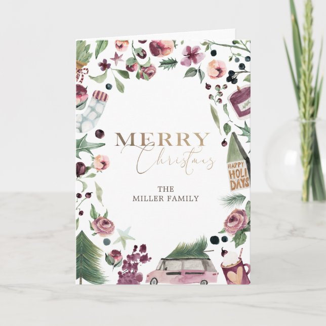pink and plum modern merry christmas photo folded card (Front)