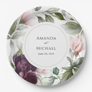 Pink and Plum Watercolor Botanical Charm Wedding Paper Plate