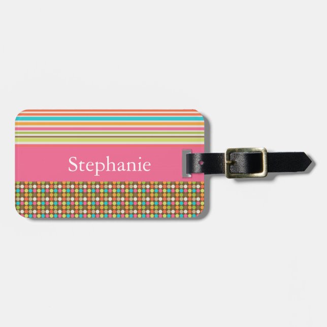 Pink and Polka Dot Customizable Luggage Tag (Front Horizontal)