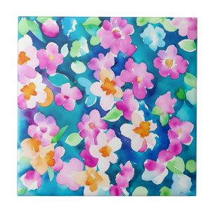 Pink and Pretty Watercolor Flowers Tile