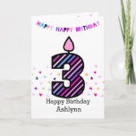 Pink and Purple 3rd Birthday Card<br><div class="desc">A colourful pink and purple happy 3rd birthday card for her, which you can personalize with her name. The front of this fun 3rd birthday card for her features the number three in a colourful striped design candle. The background has colourful confetti sprinkled around the three candle and above has...</div>