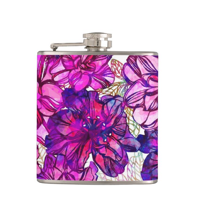 Pink And Purple Abstract Flowers Pattern Hip Flask (Front)