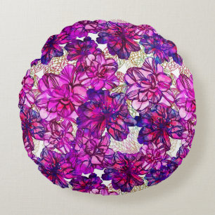Pink And Purple Abstract Flowers Pattern Round Pillow