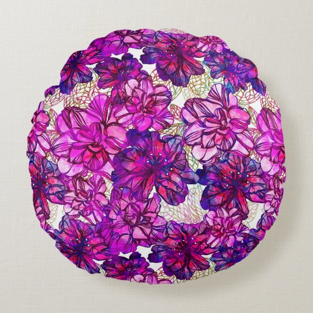 Pink And Purple Abstract Flowers Pattern Round Pillow (Front)