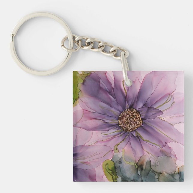 pink and purple alcohol ink flower  keychain (Front)