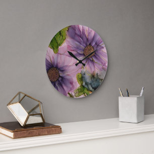 pink and purple alcohol ink flower large clock