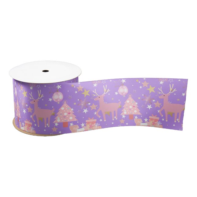 Pink and Purple and Gold Christmas Design Satin Ribbon (Spool)