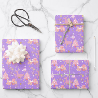 Pink and Purple and Gold Christmas Design Wrapping Paper Sheet