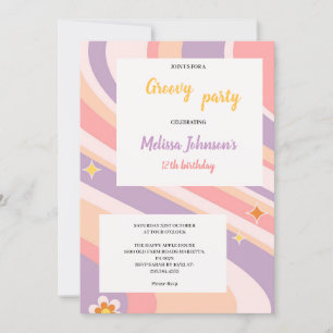 pink and purple and  yellow retro groovy birthday  invitation