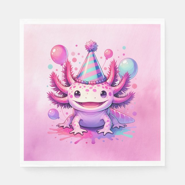 Pink and Purple Axolotl Girl's Birthday Party Napkin (Front)