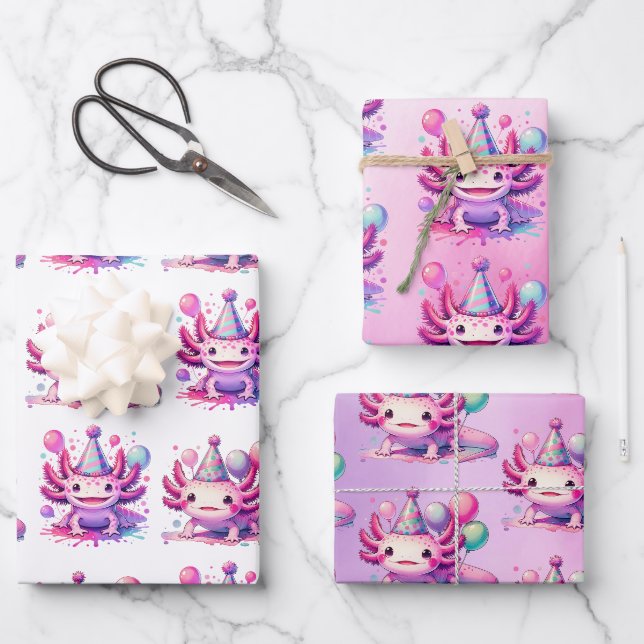 Pink and Purple Axolotl Girl's Birthday Party Wrapping Paper Sheet (Front)