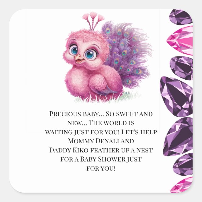 Pink and Purple Baby Peacock Baby Shower Square Sticker (Front)