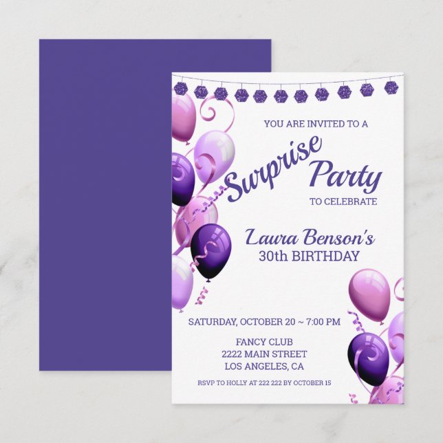 Pink And Purple Balloons Birthday Invitation (Front/Back)