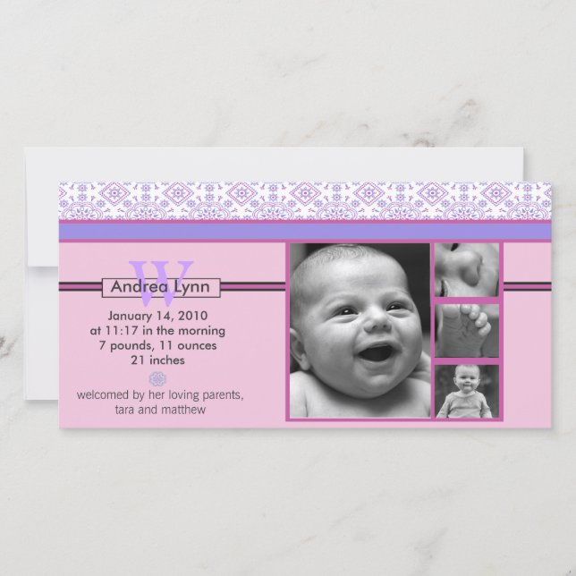 pink and purple bandana pattern baby announcement (Front)