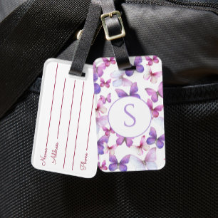 Pink and Purple Butterflies Custom Monogram Luggage Tag