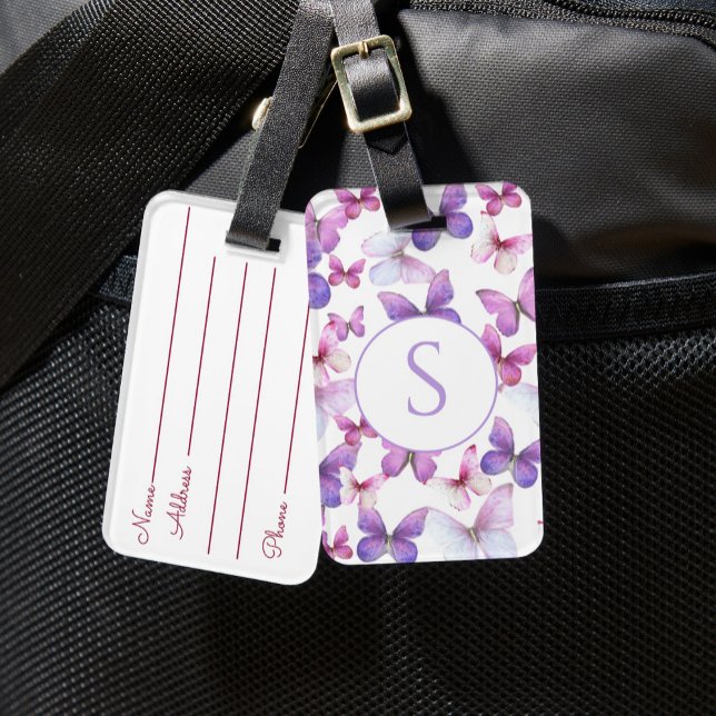 Pink and Purple Butterflies Custom Monogram Luggage Tag (Creator Uploaded)