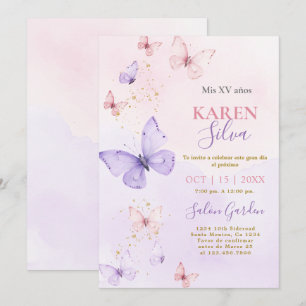 Pink and Purple Butterflies Quinceañera Invitation