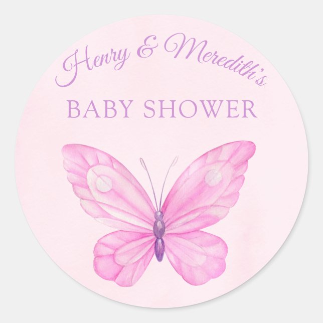 Pink and Purple Butterfly Baby Shower Classic Round Sticker (Front)